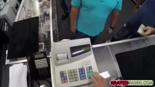 Busty Blonde lady gets big cash for sex inside of the pawn shop office by the clerk