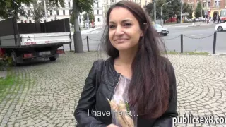 Amateur brunette Czech girl flashes tits and public sex