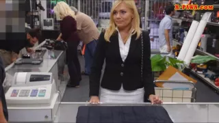 Sexy blonde milf banged by pawnkeeper in storage room