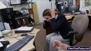 Foxy business lady flashes her big tits and fucked by pawnkeeper