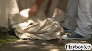 Sexy blonde cheerleader pussy pounded in the backyard