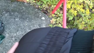 Brunette in funny panties blows cock outdoors