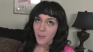 Brunette teen in fishnets gets a huge load on her face