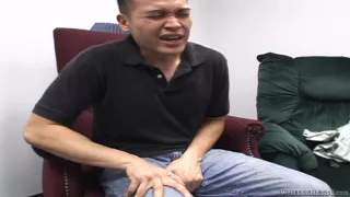 Brunette does handjob to a man who likes masturbation