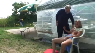 Cute blond and an old guy fucking outdoor