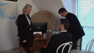 Hot threesome with a sexy MILF boss and two young guys