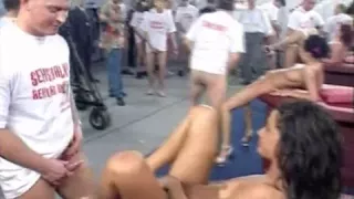 Public sex orgy with hot babes in a huge warehouse