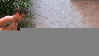 Hispanic floozy getting gangbanged by the pool