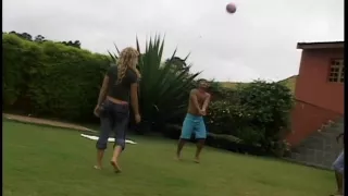 Blond chick bangs 2 darksome cocks outdoors