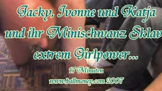 Two kinky babes and a guy in ball busting femdom video