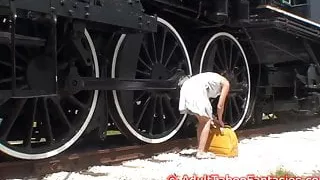 Hot MILF Fucks Herself With Dildo Next To Railroad Tracks