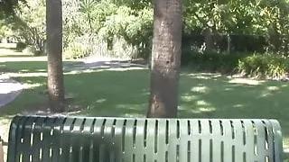 Hottie in short skirt showing her pink pussy outdoors