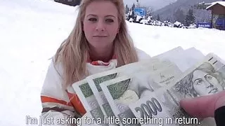 Busty blonde skier is paid to come back to the lodge