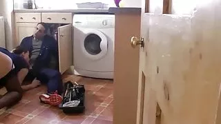 Mature slut blows her young studs hard dick in her kitchen