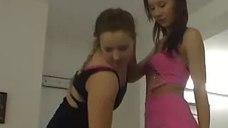 Sexy schoolmates doing double-lapdance