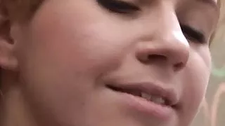 Cutie fingers herself on the stairs