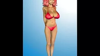 3D Redhead with HUGE tits in a red bikini