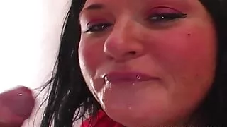 Facial cumshots for two chubby ladies
