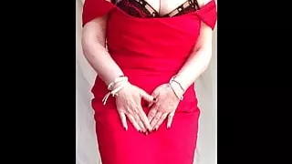 Sexy granny big tits, shaved pussy stripping off red dress 1