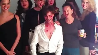 Lucky guy kissed by women wearing lipstick