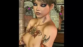 CG Brunette Babe showing off her body tattoos