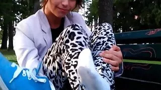 Sexy French girl Removes her sweaty socks, show smelly feet