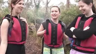 Hairy amateur girl fingered in rafting threesome