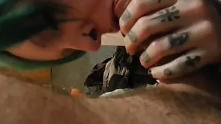 Blue-Haired Tattoo Slut Sucking Cock