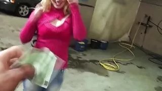 Cute picked up blonde flashes the camera