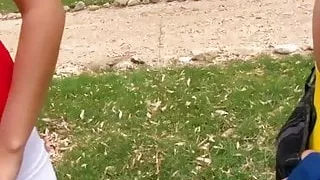 Classy blonde babe fucks outdoors