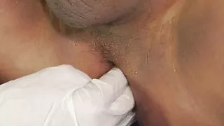 Girl in stockings examines dude&#039;s ass while sucking his tool