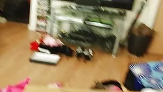 Blonde cutie in mini skirt gets ready before filming