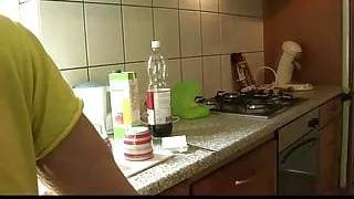 Big old dick fucks young tall brunette in the kitchen