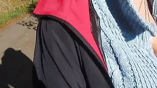 Flashing tits in a bra outside