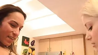 Smoking hot lesbians fuck on the kitchen counter