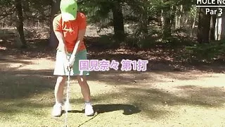 Golf whore gets teased and creamed by two guys