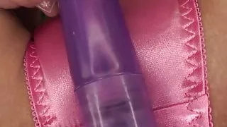 Babe in silky pink panties uses two vibrators