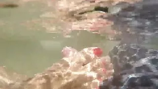 Aunt touch my cock with her feet and gives a footjob