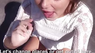 Hitchhiking Miranda Kerr look alike being throatfucked by lu
