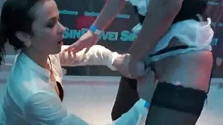 Hot lesbian pornstars lick pussies in club