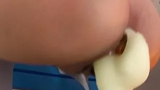 Japanese babe with large tits moans while drilling her muff