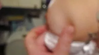 She puts on the stockings and then I touch her tits in a bra