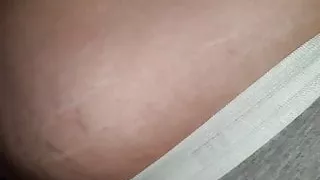 hanging tits,hairy pit, hole in pantys, she jerks my cock