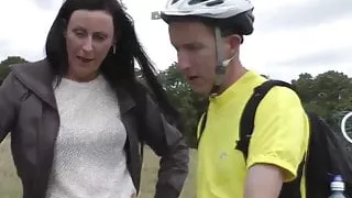 British mature in stockings picks up cyclist for fuck