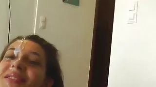 Skinny eurobabe facialized after pov blowjob