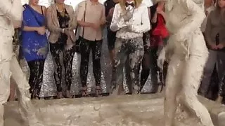 Two european beauties wrestling in mud