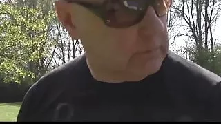 Tall skinny blonde plays with old bastard's balls