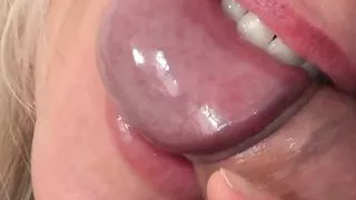 Blonde girl bites guy's penis until he cums
