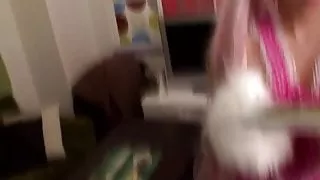 Cosplay Yuna Miyama gets cum on her tits and on her pussy