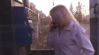 Blonde old granny rides young dick